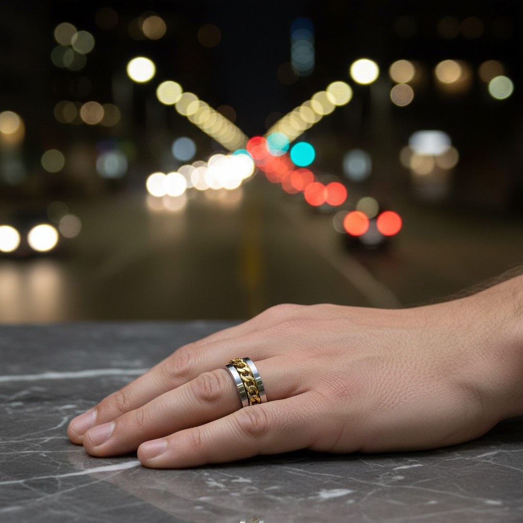 Hand wearing a gold ring with blurred city lights in the background