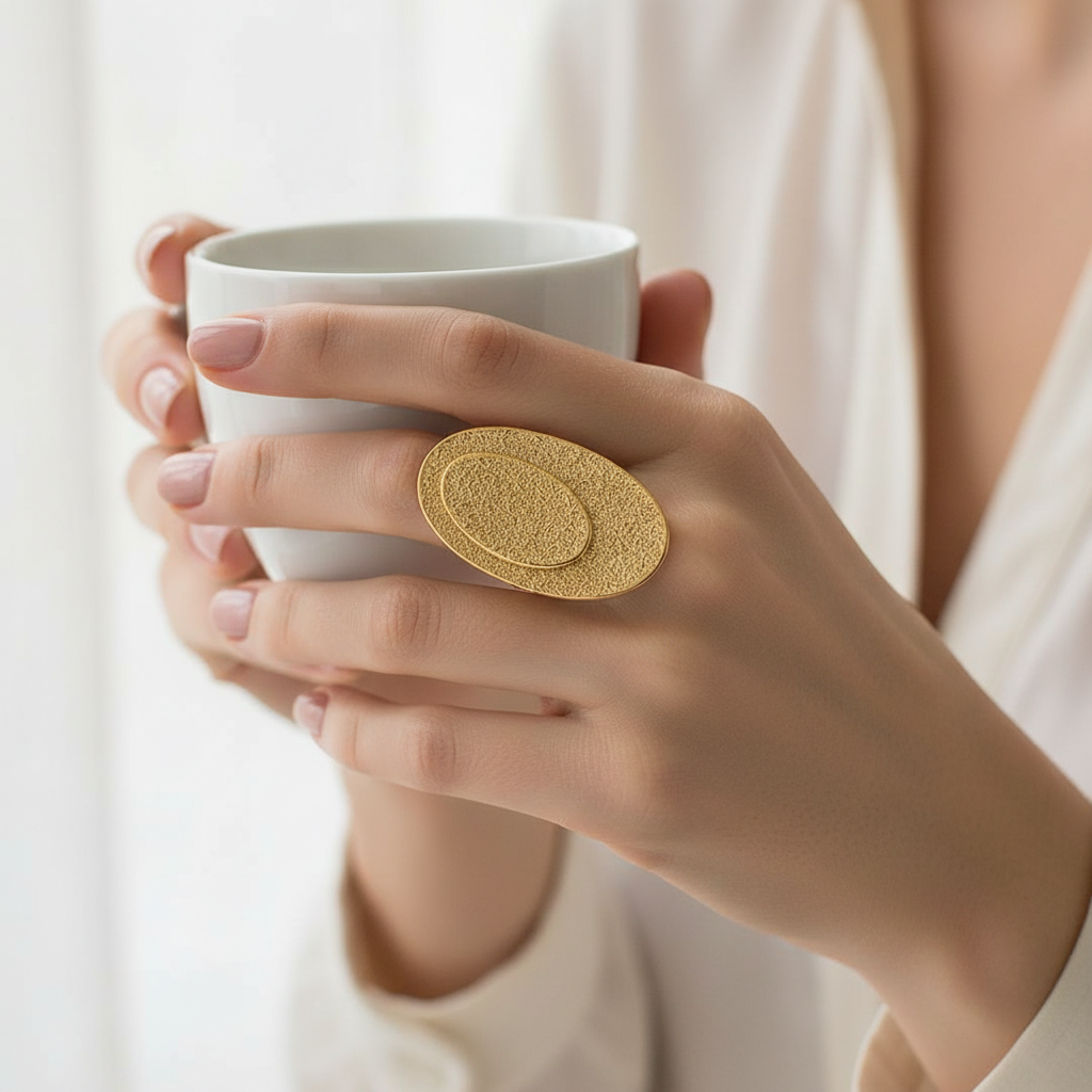 Hand holding a white mug with a gold ring on a blurred background