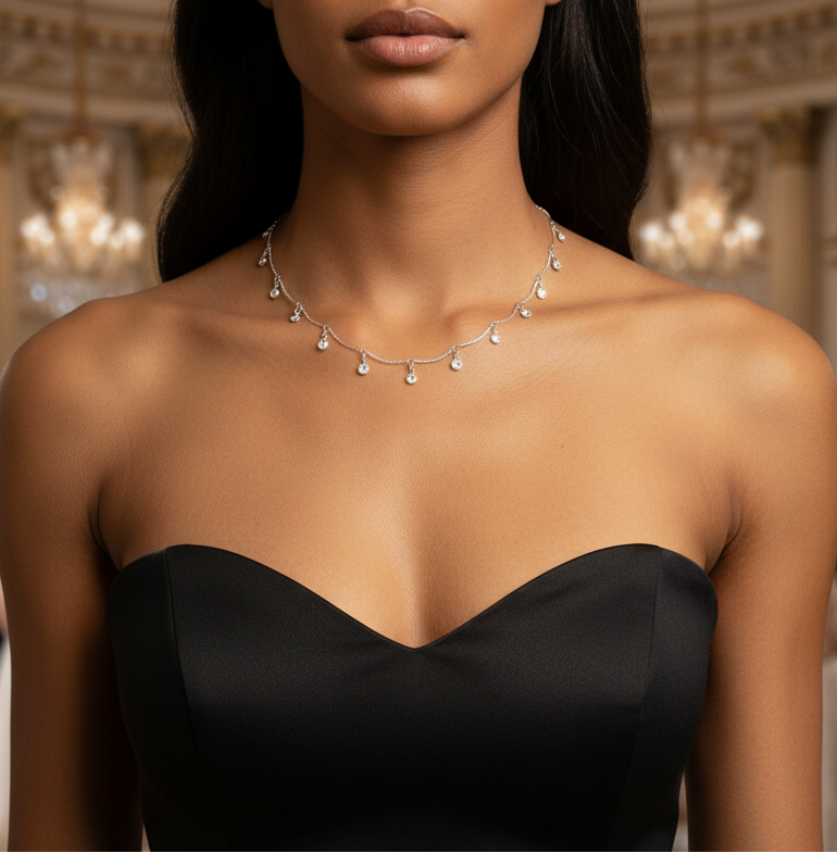Woman wearing a black strapless dress and silver necklace in an elegant indoor setting.