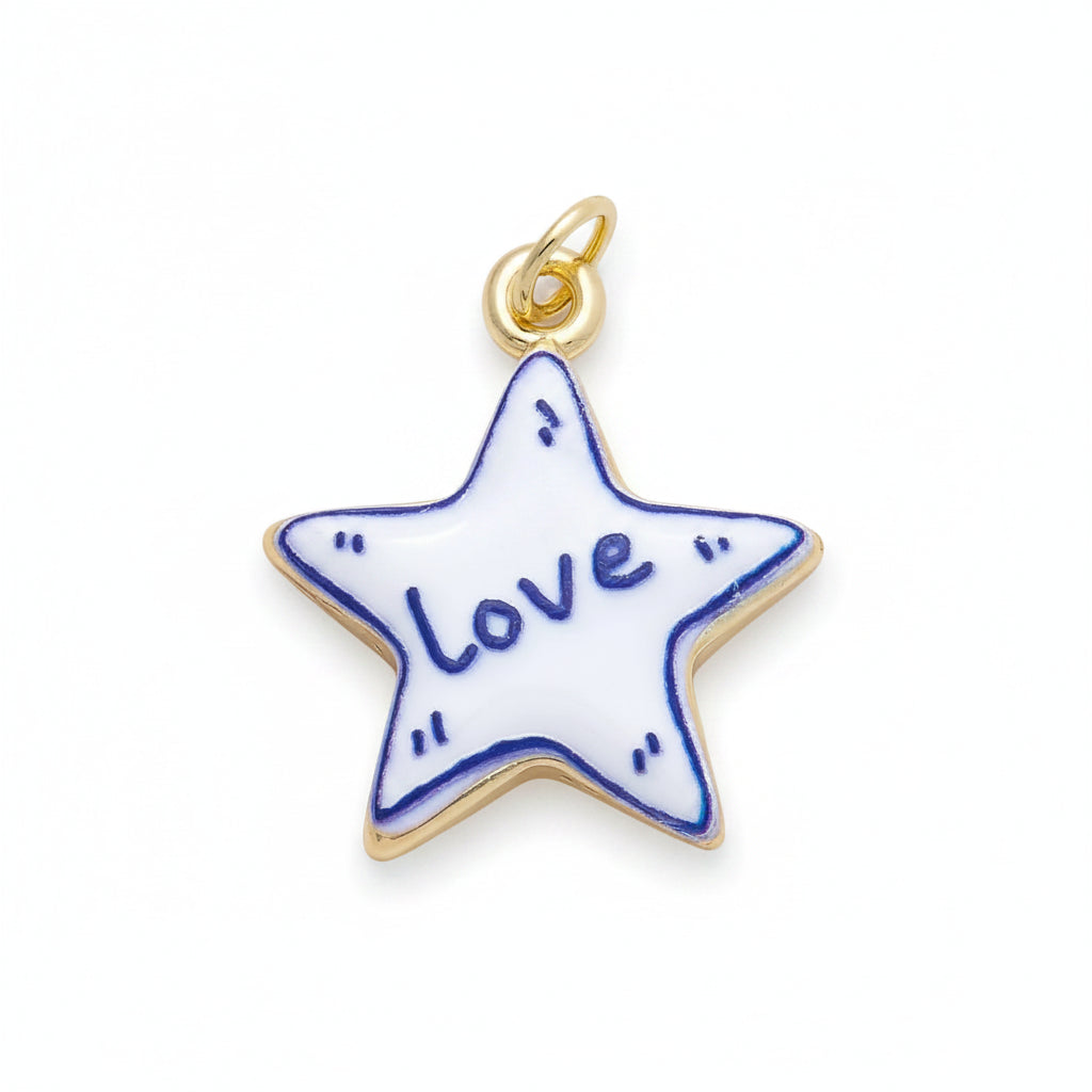 A white enamel star-shaped pendant charm with a gold-tone metal border, top loop, and blue outline details, featuring the word 'love' written in blue script in the center.
