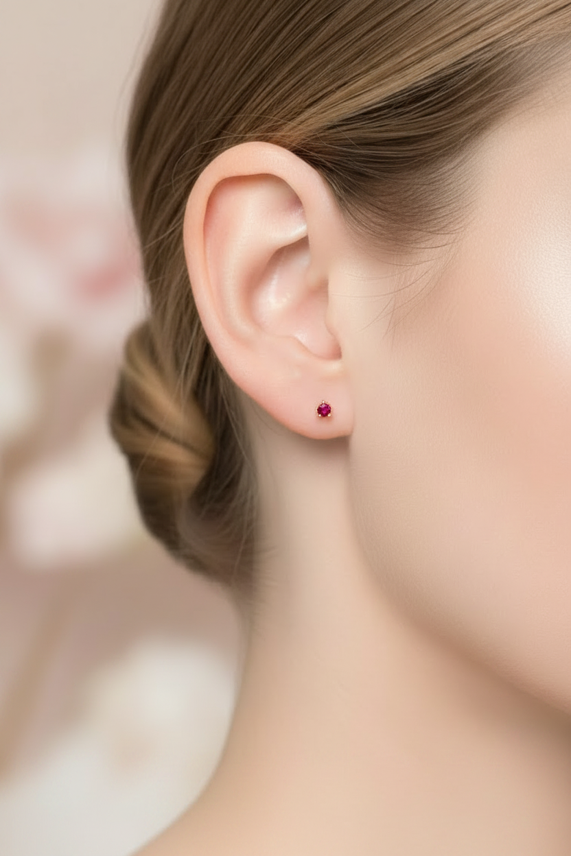 Close-up of a person wearing a red earring with a blurred background