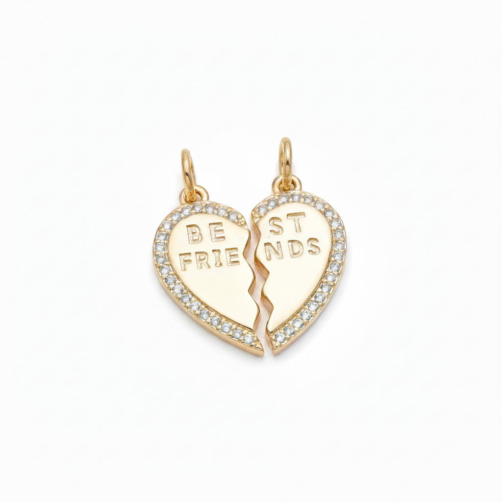 Gold heart-shaped 'Best Friends' pendants on a light gray background