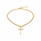 Gold chain bracelet with a cross pendant on a white background