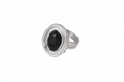 Silver stainless steel ring with a large oval black agate stone, shown with dimension lines, product code A686MDD250303, weight 7.7g, and size 6/7/8 on a white background.