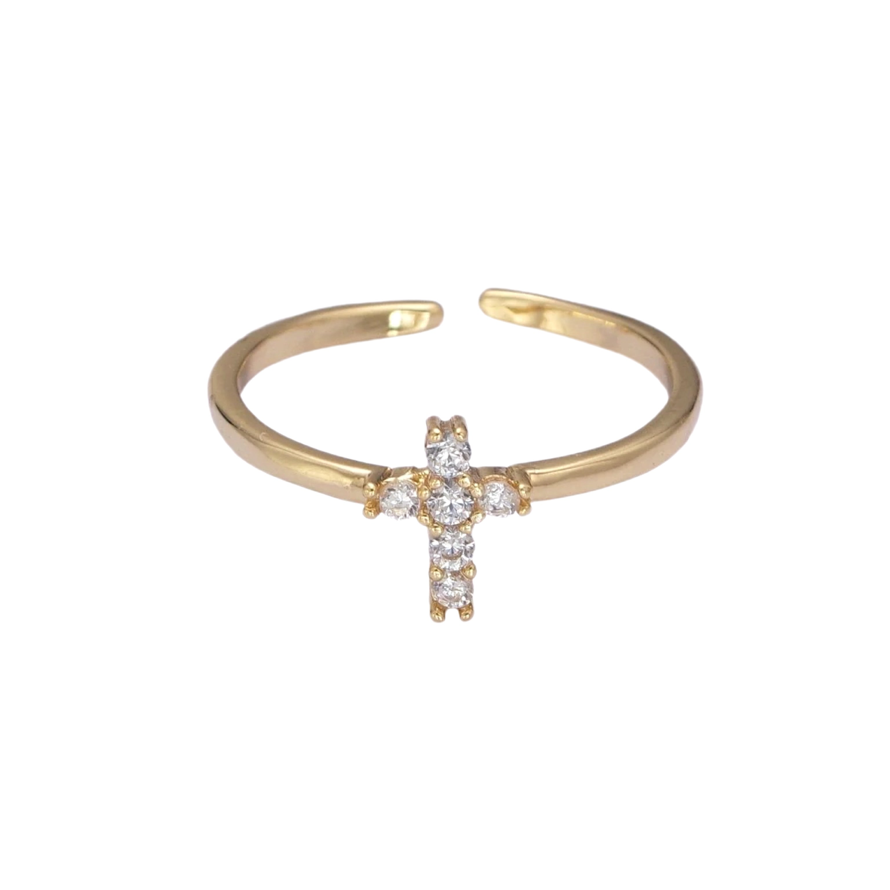 Gold open ring with a cross design on a white background