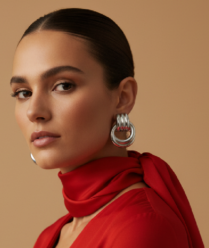 Person wearing a red outfit on a beige background wearing chunky silver earrings.