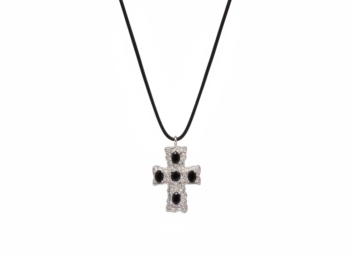 Silver cross pendant with black stones on a black cord against a white background