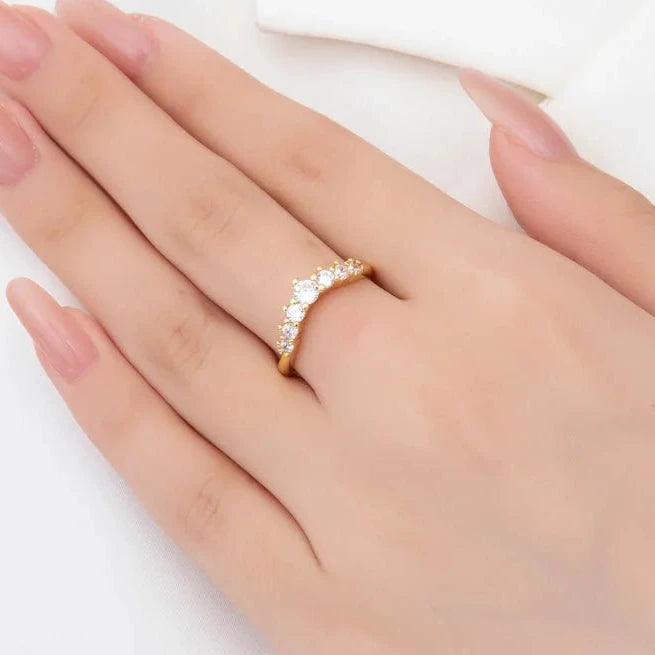 Hand wearing a gold ring on a white background