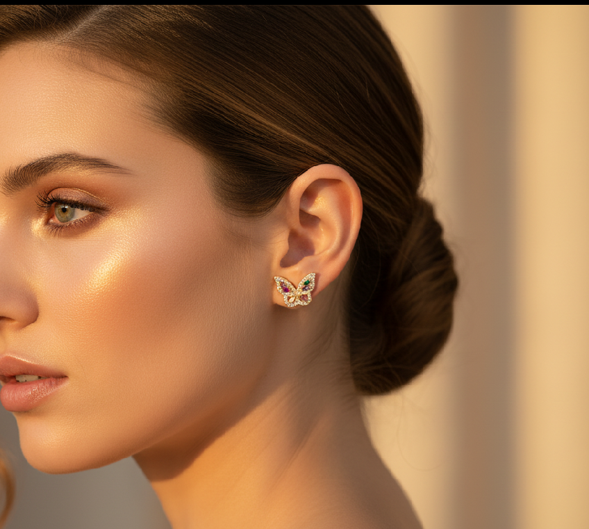 Close-up of a woman wearing butterfly earrings with a blurred background