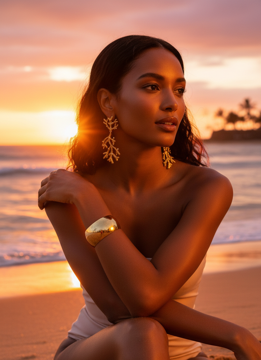 Woman sitting on a beach at sunset with a scenic background