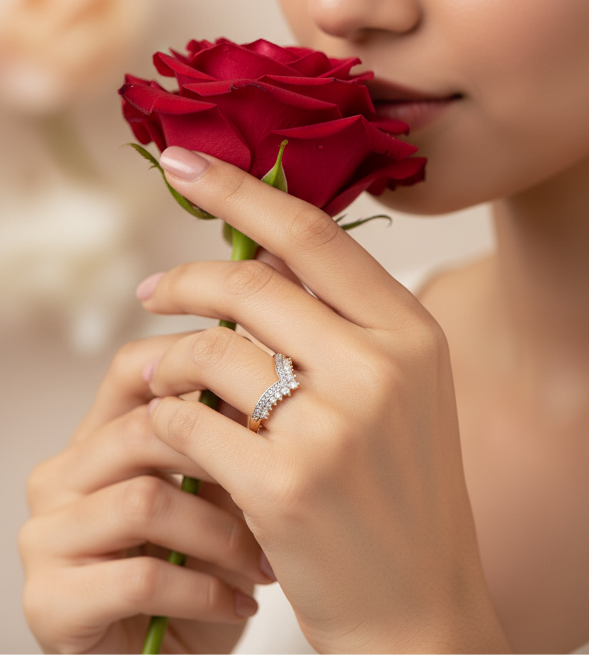 Person holding a red rose wearing a ring on a blurred background