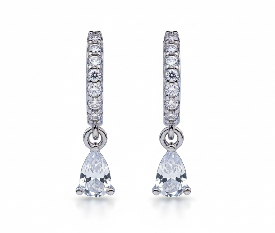 Teardrop-shaped earrings with clear stones on a white background