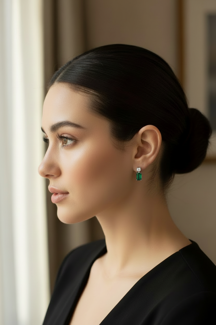 Woman with a bun hairstyle wearing green earrings indoors