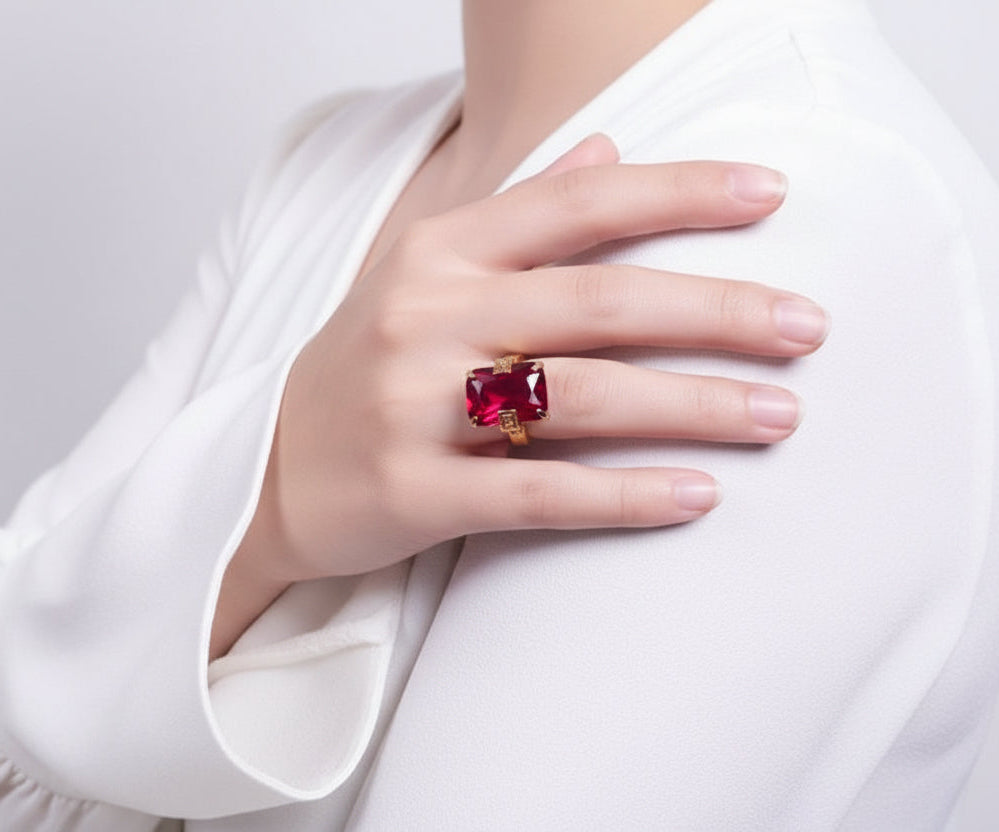 Hand wearing a ring with a red gemstone against a white background