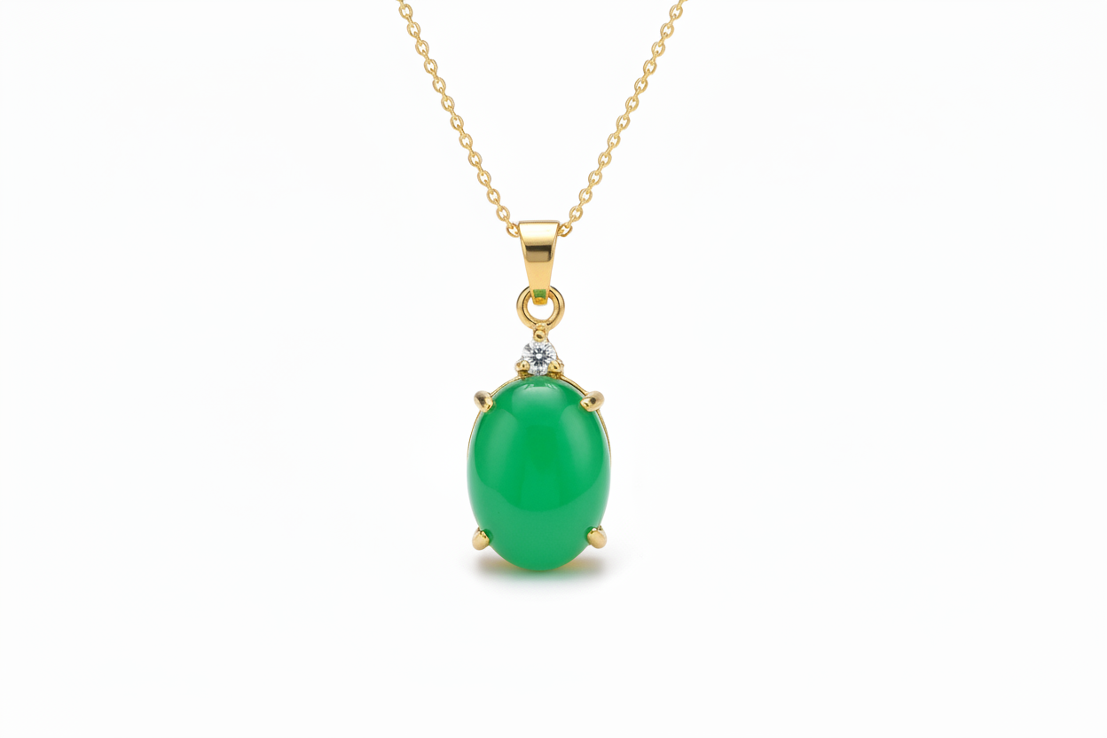 Gold necklace with a green pendant on a white background