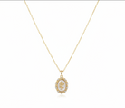 Gold necklace with a framed rose pendant on a white Background
