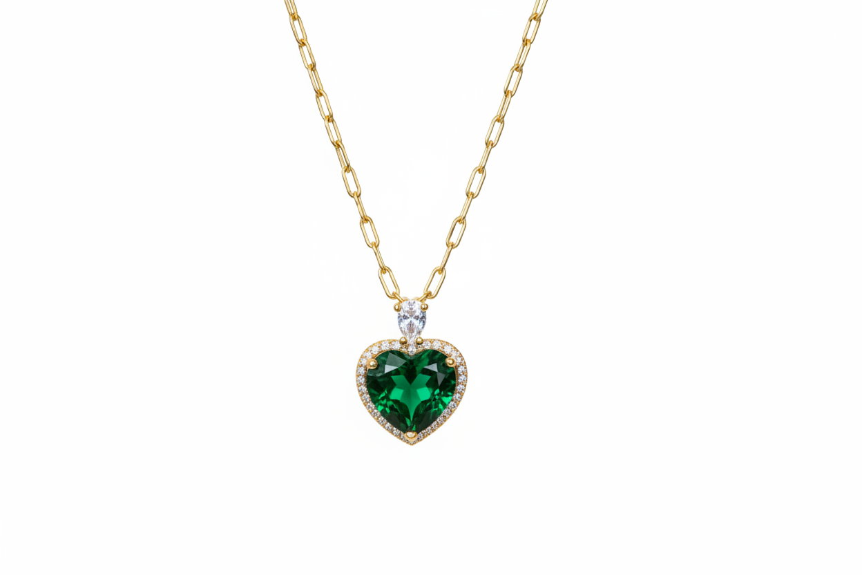 Three heart-shaped gemstone necklaces on gold chains with a blurred background.