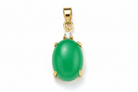 Green gemstone pendant with gold setting on a white background
