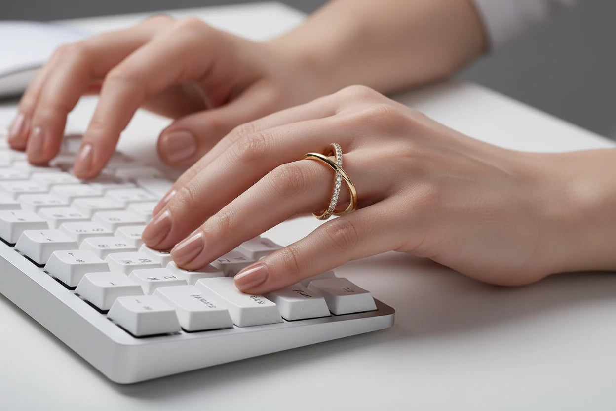 Close-up of hands typing on a white keyboard with a gold Zizi Jewelry ring on a light surface.