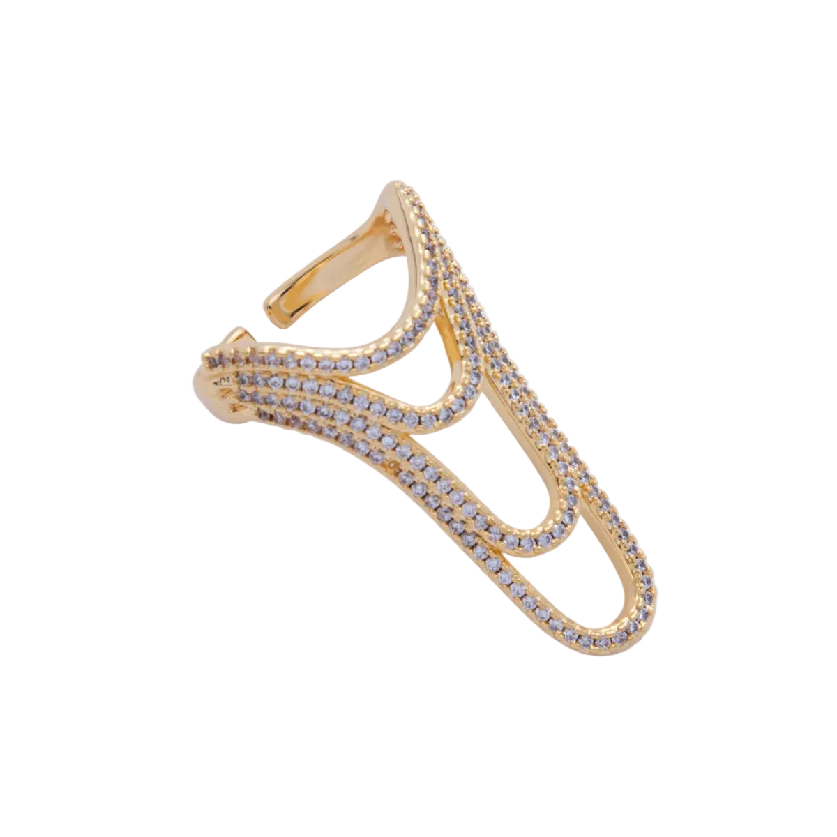 Gold ring with diamond accents on a white background