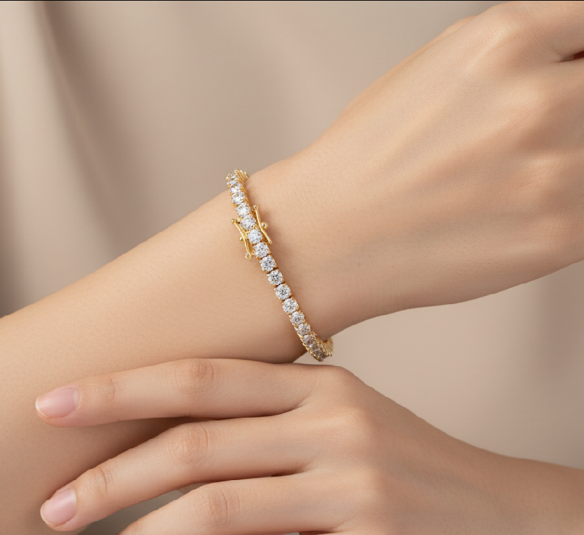 Hand wearing a bracelet with interface elements on a smartphone screen