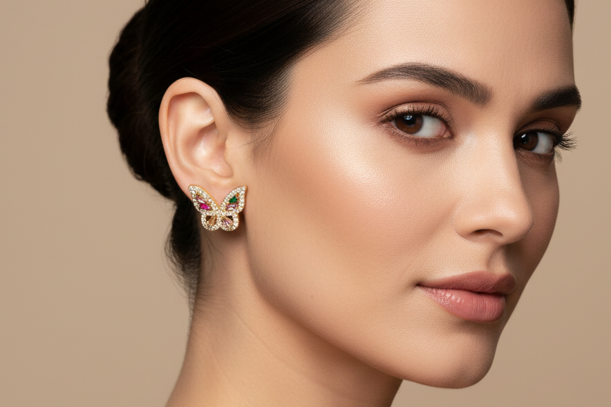 Woman wearing colorful earrings against a beige background