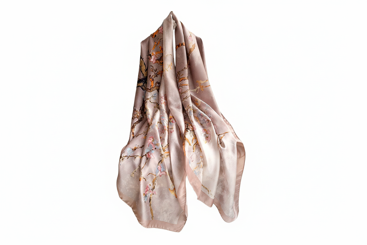 Silk scarf with floral design on a white background