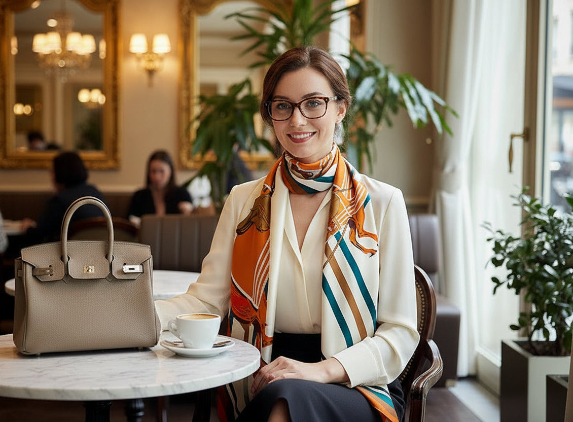 Woman sitting at a cafe table with a handbag and scarf, smiling.