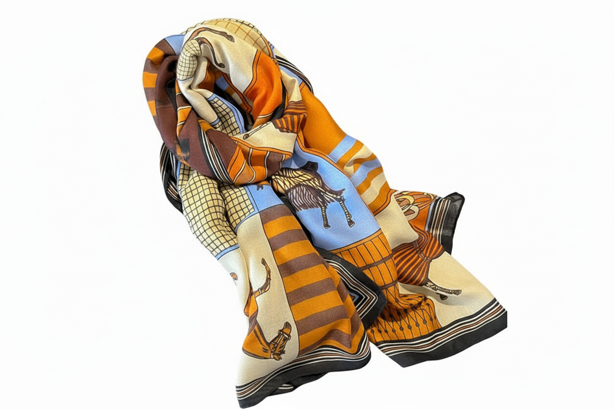 Colorful patterned scarf held by a hand with a white background