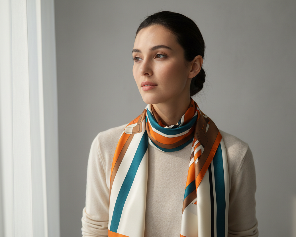 Woman wearing a colorful scarf against a neutral background
