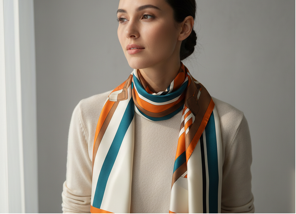 Woman wearing a colorful scarf against a neutral background
