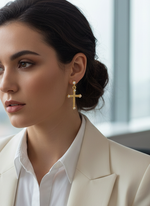 Woman in a cream blazer and white shirt sitting in an office setting.