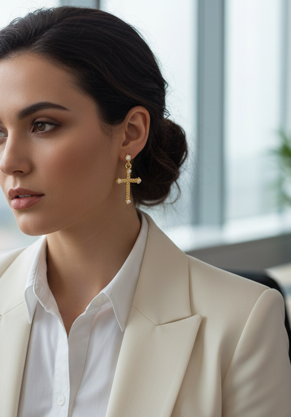 Woman in a cream blazer and white shirt sitting in an office setting.