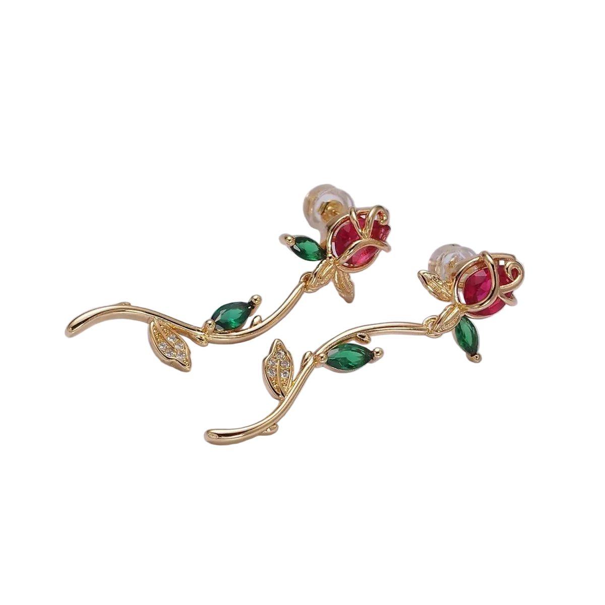 Gold earrings with red and green gemstones