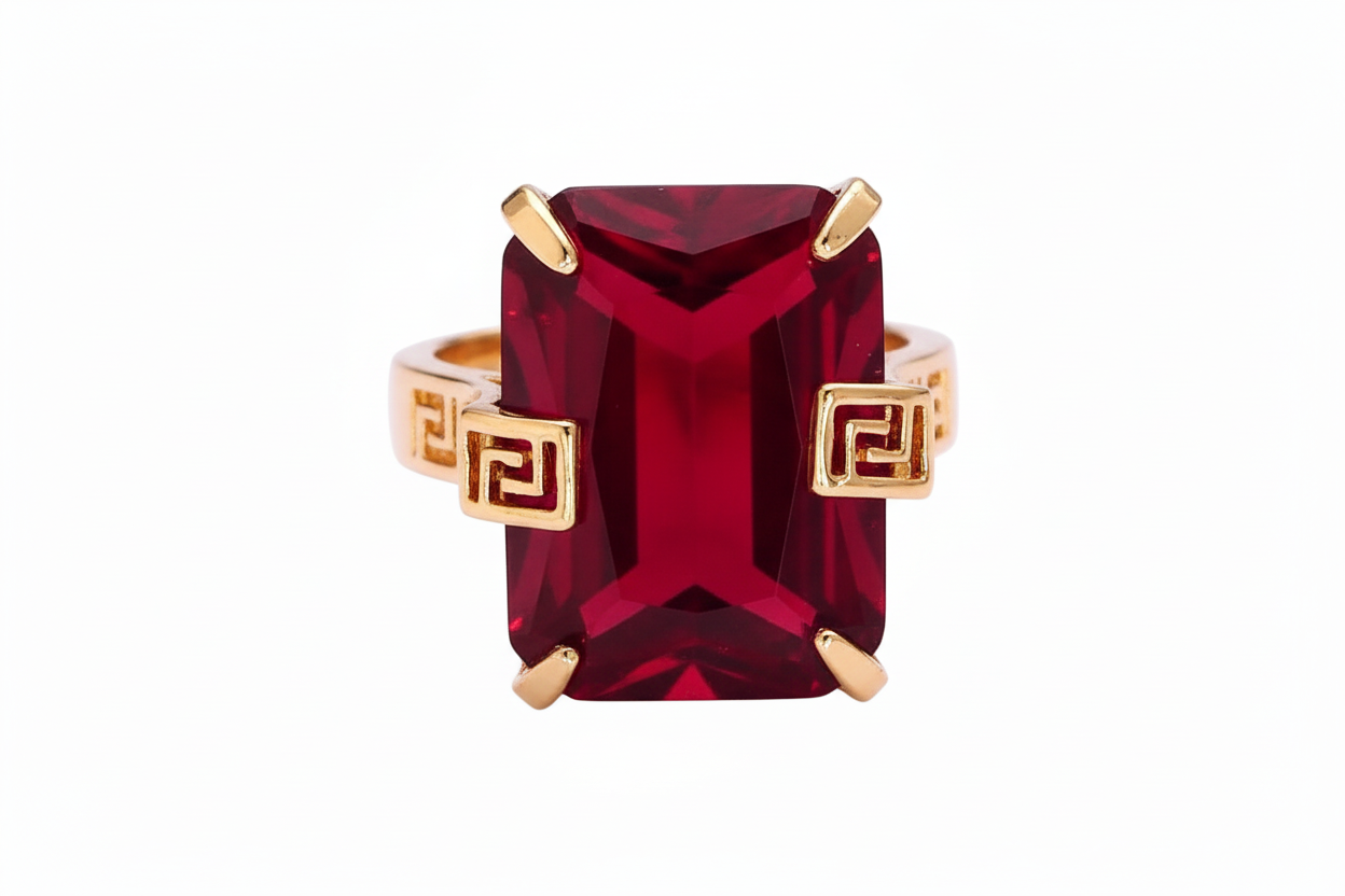 Ring with a red gemstone and gold accents on a white background