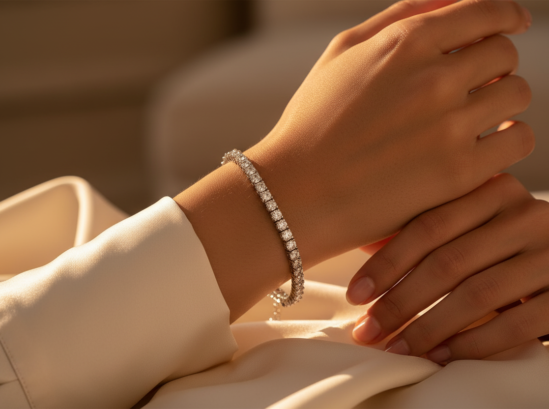 Close-up of a hand wearing a diamond bracelet on a neutral background