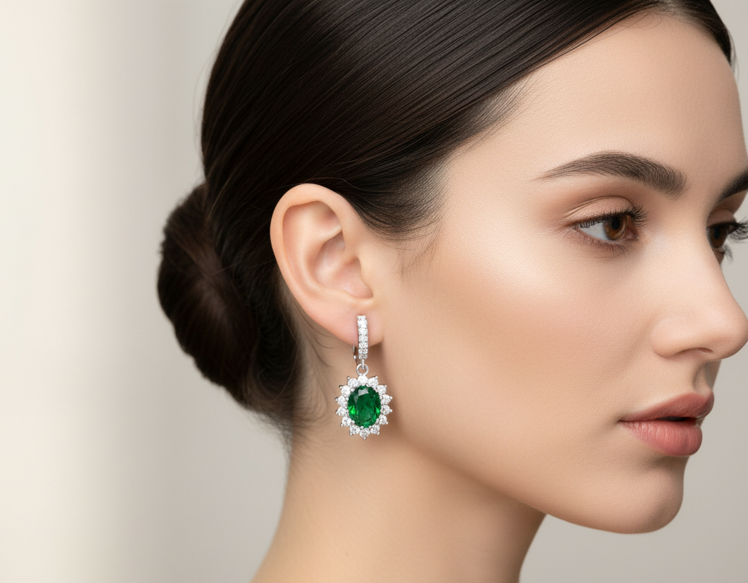 Woman wearing emerald green earrings with a neutral background