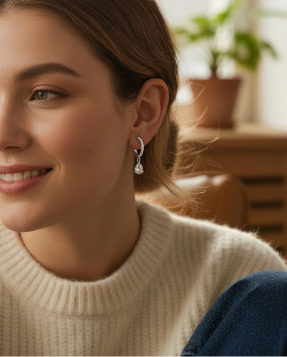 Woman wearing a beige sweater sitting in a cozy living room with plants in the background.