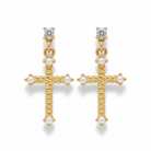 Gold cross earrings with pearls on a white background