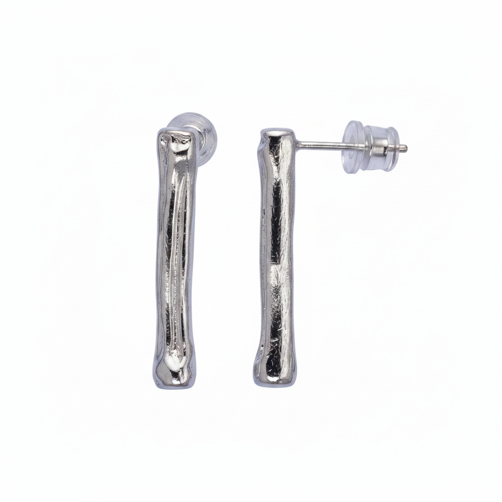A pair of textured silver-toned post earrings shown on a plain white background, with one earring facing forward and the other showing the side profile with its post and backing.
