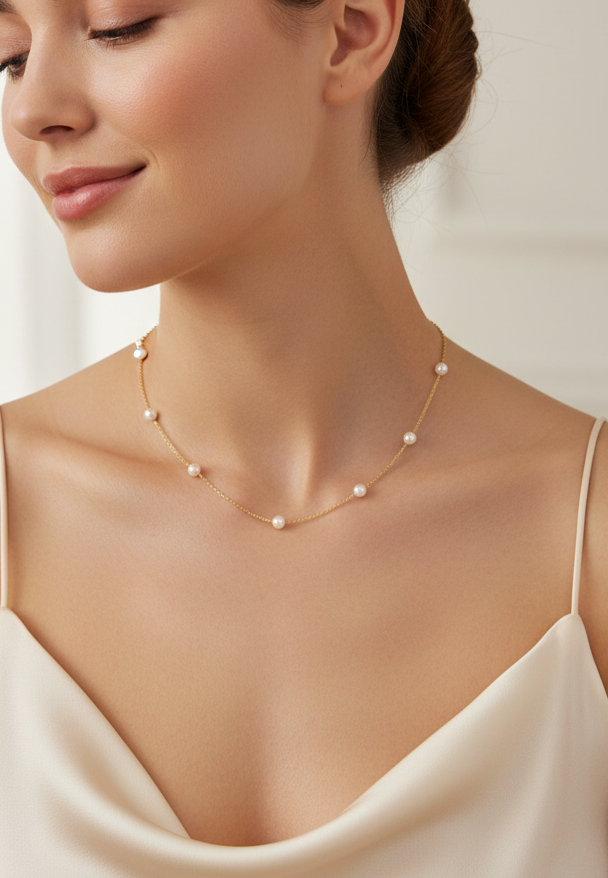 White woman wearing a delicate pearl necklace against a neutral background