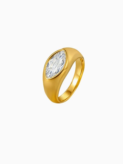 A gold signet-style ring featuring an oval clear gemstone with an engraved floral or leaf motif, set against a plain white background.