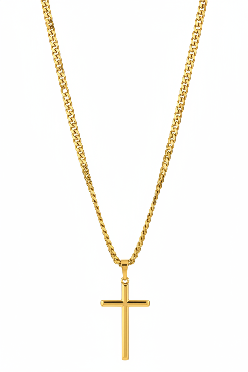 Gold cross necklace on a white background