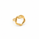 Gold ring with a geometric design on a white background