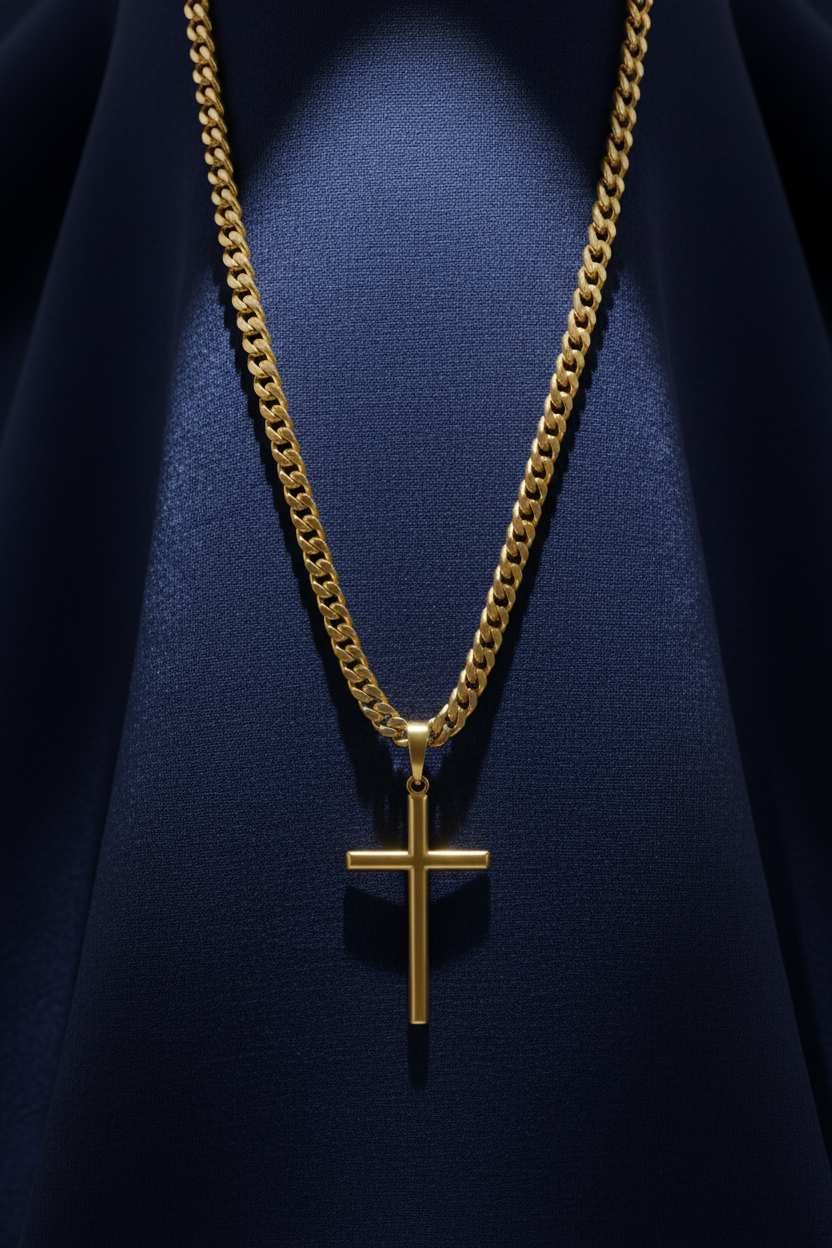 Gold chain necklace with a cross pendant on a dark blue background