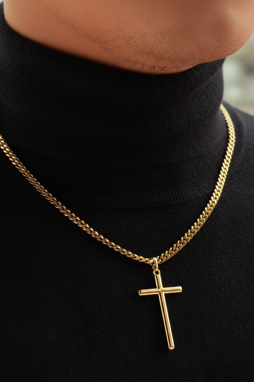 Gold chain necklace with a cross pendant on a black turtleneck