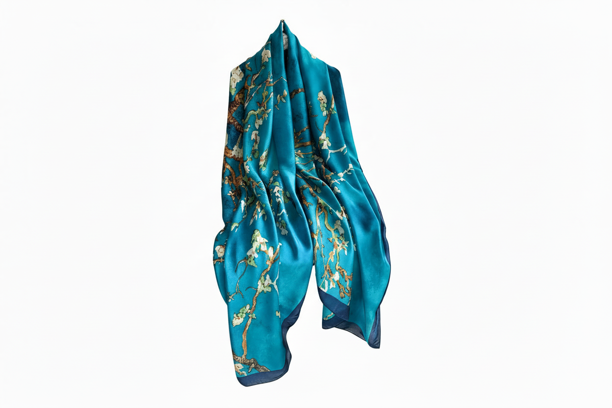 Teal scarf with floral pattern on a white background