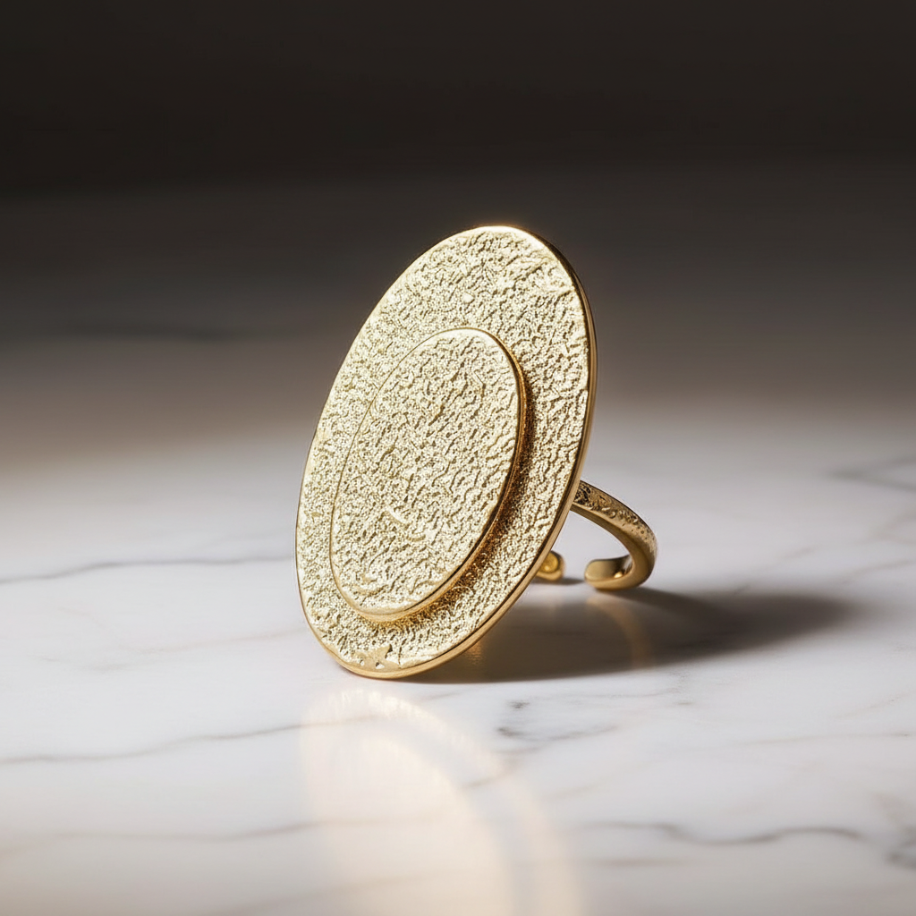 Gold textured ring on a marble surface with a dark background