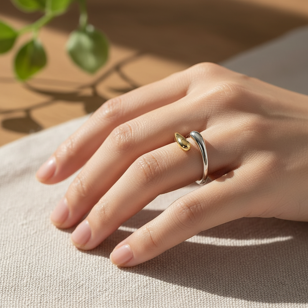 Hand wearing a silver ring with a gold accent on a textured surface with a plant in the background