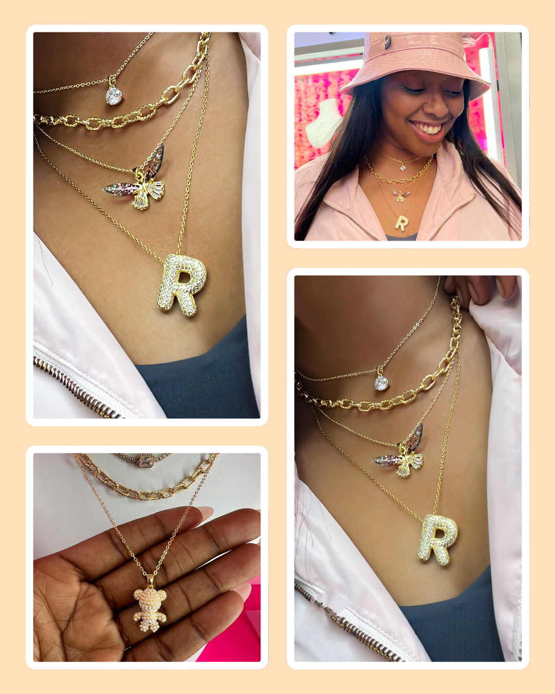 Collage of gold necklaces with 'R' and butterfly pendants, worn by a person.